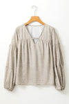 Khaki V Neck Bow Tie Bubble Sleeve Blouse-Tops-MomFashion