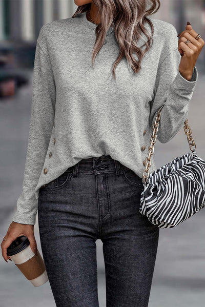 Gray Side Buttons Crew Neck Knit Top-Tops-MomFashion