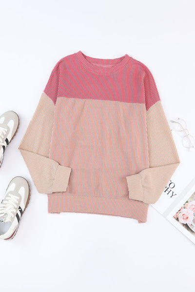 Pink Color Block Long Sleeve Ribbed Loose Top-Tops-MomFashion