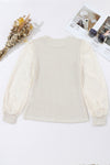 Beige Sunflower Mesh Bubble Sleeve Waffle Knit Top-Tops-MomFashion