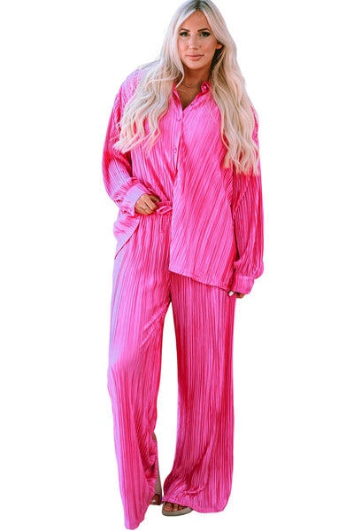 Rose Pleated Long Sleeve Shirt and Wide-Leg Pants Set-Loungewear-MomFashion