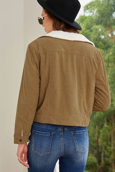 Khaki Corduroy Sherpa Snap Button Flap Jacket-Outerwear-MomFashion