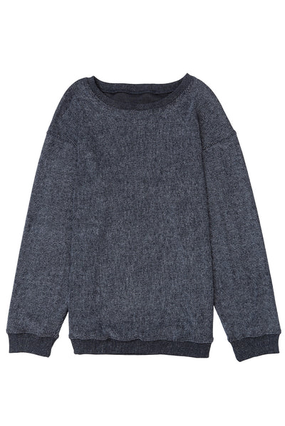 Gray Solid Ribbed Knit Round Neck Pullover Sweatshirt-Tops-MomFashion