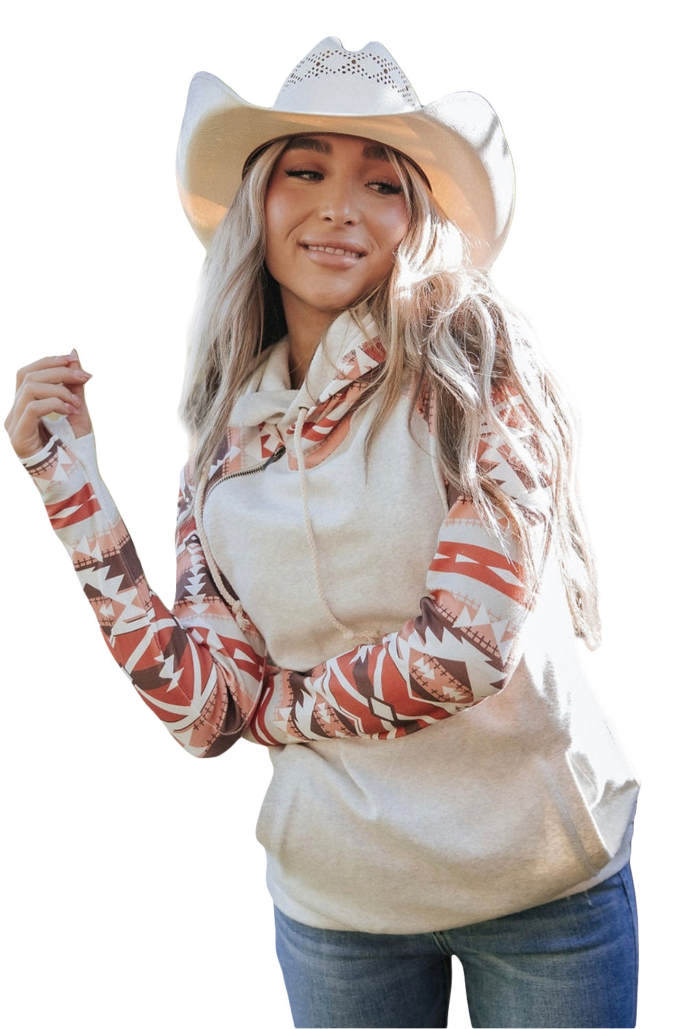 Western Aztec Print Patchwork Double Hood Hoodie-Tops-MomFashion