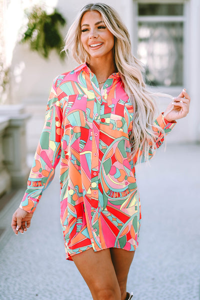 Multicolor Geometric Abstract Print Long Sleeve Shirt Dress-Dresses-MomFashion