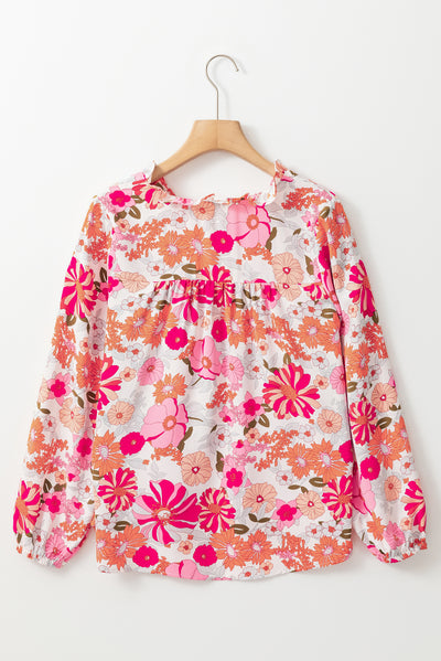 Bright White Floral Print Split V Neck Blouse-Tops-MomFashion