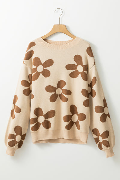 Parchment Big Flower Knit Ribbed Trim Sweater-Tops-MomFashion