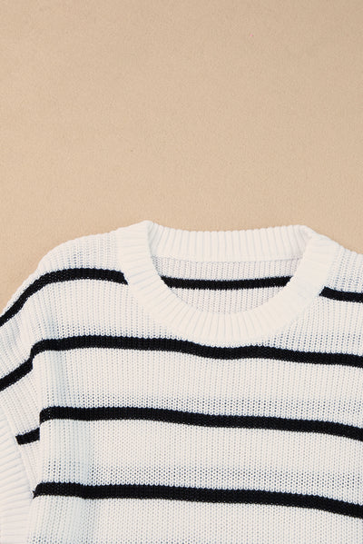 White Stripe Striped Pattern Batwing Sleeve Sweater-Tops-MomFashion