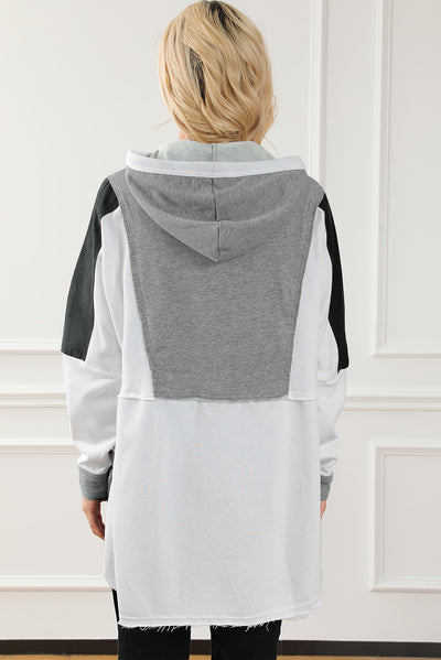 Gray Color Block Exposed Seam Buttoned Neckline Hoodie-Tops-MomFashion