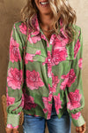 Green Floral Print Pleated Detail Puff Sleeve Shirt-Tops-MomFashion