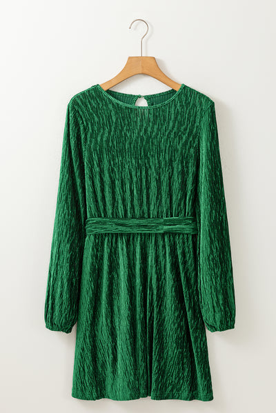 Green Tie Waist Crinkle Velvet Dress-Dresses-MomFashion