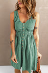 Green Buttons Sleeveless High Waist Mini Dress-Dresses-MomFashion