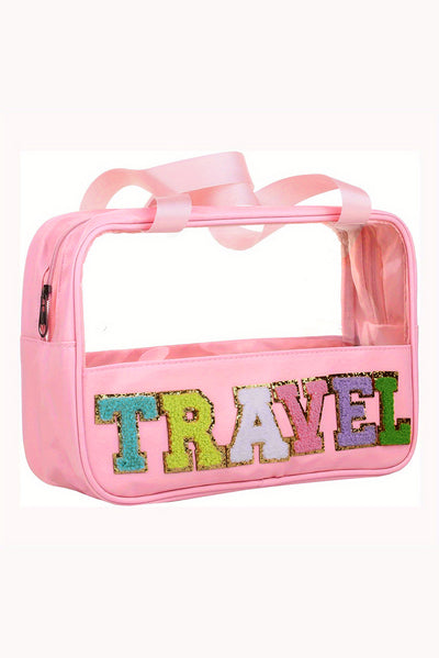 Light Pink TRAVEL Chenille Letter Clear PVC Makeup Bag-Accessories-MomFashion