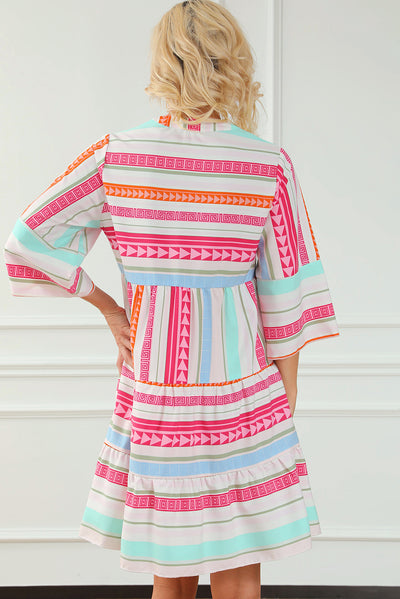 Multicolour Boho Geometric Print Bracelet Sleeve Buttoned Mini Dress-Dresses-MomFashion