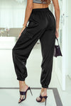 Black Satin Pocketed Drawstring Elastic Waist Pants-Bottoms-MomFashion