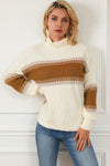 White Printed Patchwork Turtle Neck Knitted Sweater-Tops-MomFashion