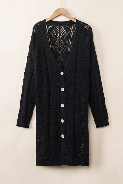 Black Hollow-out Openwork Knit Cardigan-Tops-MomFashion