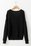 Black Pointelle Knit Button V Neck Drop Shoulder Sweater-Tops-MomFashion