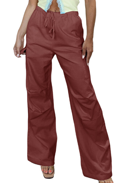 Mineral Red Solid Color Drawstring Waist Wide Leg Cargo Pants-Bottoms-MomFashion