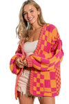 Multicolor Open Front Mixed Checkered Pattern Knit Cardigan-Tops-MomFashion