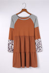 Brown Waffle Knit Leopard Patchwork Long Sleeve Dress-Dresses-MomFashion