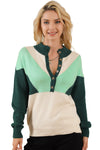 Green Geometric Color Block Knit Button V Neck Sweater-Tops-MomFashion