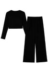 Black Crop Top and Wide Leg Pants Two Piece Set-Loungewear-MomFashion