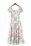 Multicolor Square Neck Puff Sleeve Tiered Floral Maxi Dress-Dresses-MomFashion