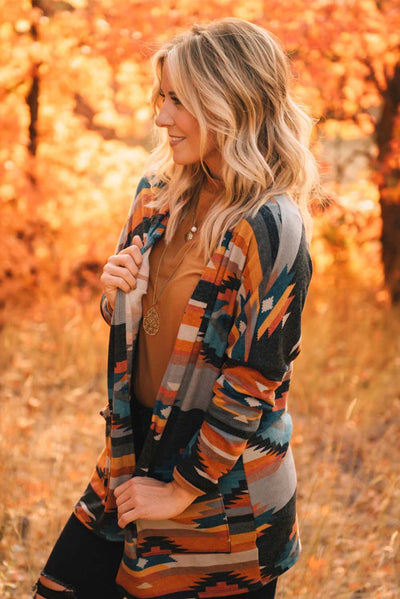 Orange Western Tribal Aztec Print Cardigan-Tops-MomFashion