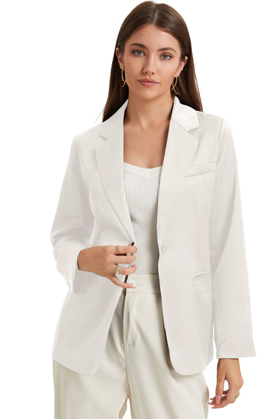 White Pocketed Single Button Lapel Neck Blazer-Outerwear-MomFashion