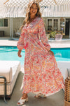 Orange Boho Holiday Paisley Print Tiered Long Sleeve Maxi Dress-Dresses-MomFashion