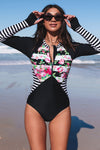 Floral Striped Patchwork Rashguard One-piece Swimsuit-Swimwear-MomFashion