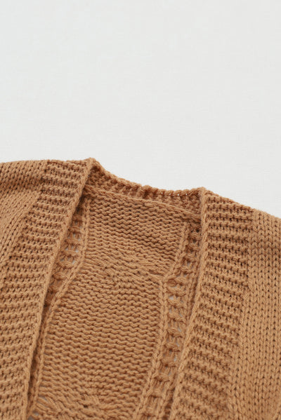 Khaki Ribbed Trim Eyelet Cable Knit Cardigan-Tops-MomFashion