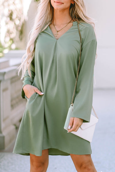 Green Roll-tab Sleeve Flowy Casual Dress-Dresses-MomFashion