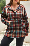 Red Plus Size Plaid Kangaroo Pocket Drawstring Hoodie-Plus Size-MomFashion