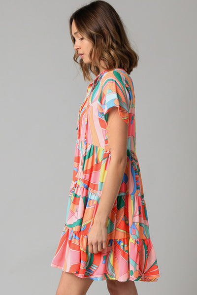 Multicolor Abstract Geometric Print Tassel Tie Flared Dress-Dresses-MomFashion