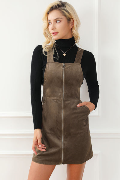 Brown O-ring Zip Up Pocketed Corduroy Dress-Dresses-MomFashion