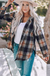 Black Oversize Rounded Hem Plaid Shacket with Slits-Outerwear-MomFashion