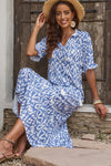 Sky Blue V Neck Casual Geometric Print Maxi Dress-Dresses-MomFashion