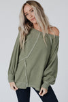 Green Exposed Seam Patchwork Dolman Sleeve Top-Tops-MomFashion