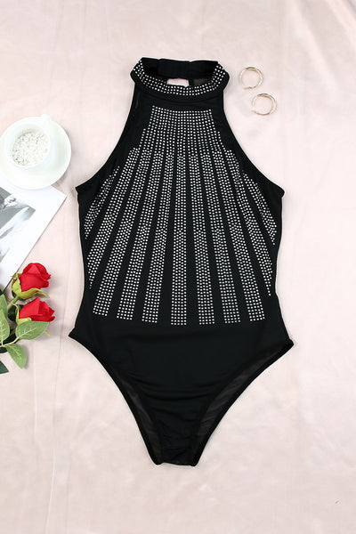 Black High Neck Sleeveless Diamante Bodysuit-Tops-MomFashion