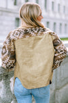 Khaki Aztec Print Patchwork Frayed Edge Corduroy Jacket-Outerwear-MomFashion