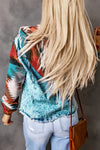 Multicolor Aztec Print Frayed Hem Denim Jacket-Outerwear-MomFashion