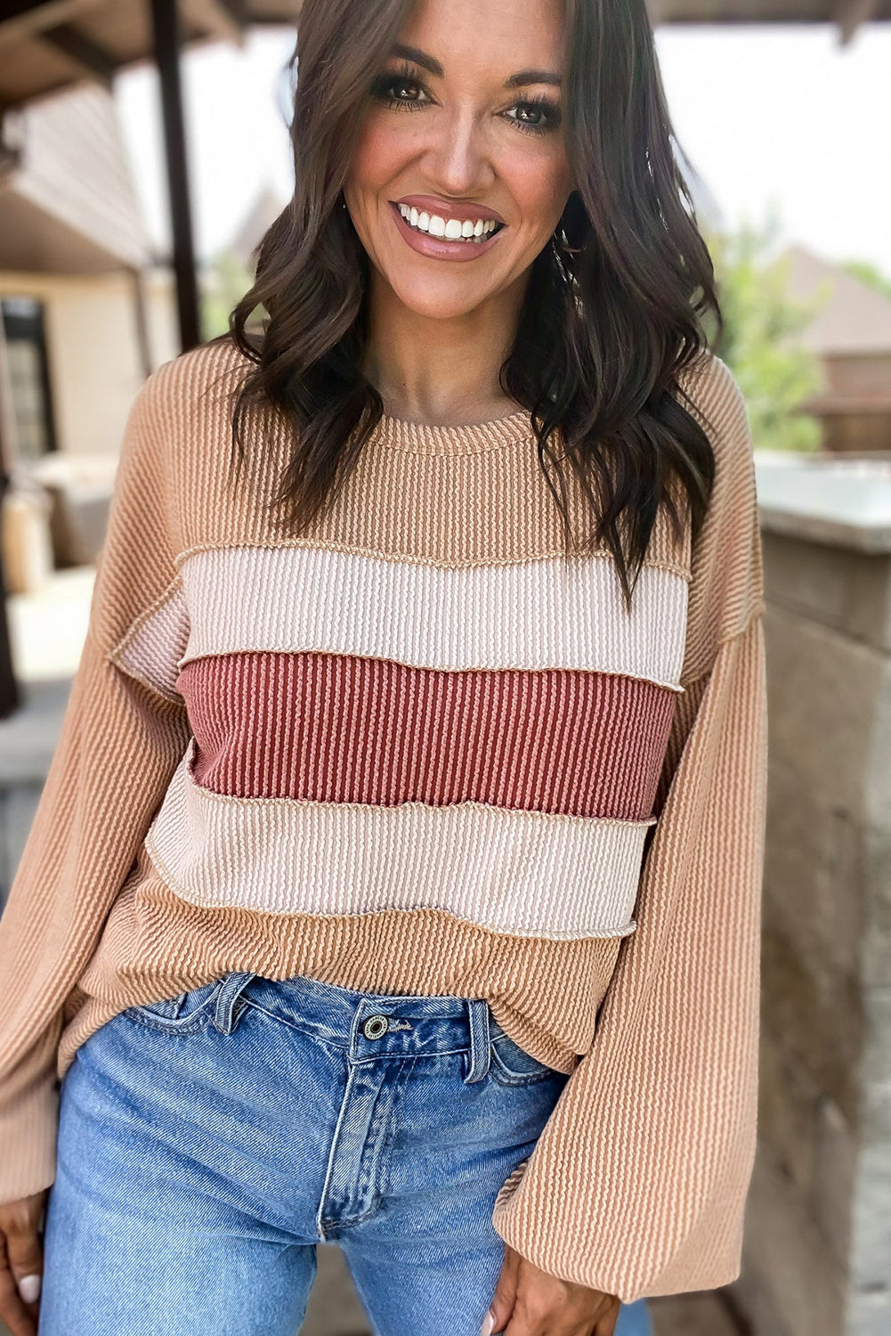 Light French Beige Colorblock Rib Corded Sweatshirt-Tops-MomFashion