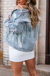 Sky Blue Sequin Embellished Fringe Distressed Denim Jacket-Outerwear-MomFashion