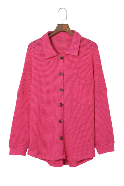 Pink Waffle Knit Button Up Casual Shirt-Tops-MomFashion