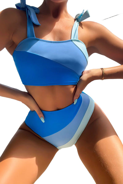 Sky Blue Ombre Color Block Tie Shoulder Bikini High Waist Swimsuit-Swimwear-MomFashion