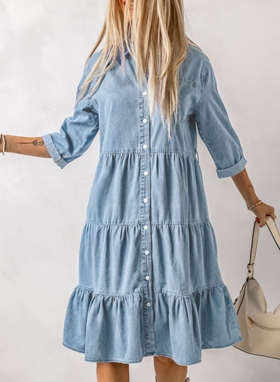 Sky Blue Ruffled Denim Full Buttoned Midi Dress-Dresses-MomFashion