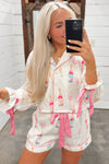 White Christmas Wine Glass Print Bow Knot Two Piece Pajama Set-Loungewear & Sleepwear/Sleepwear-MomFashion