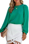 Green Satin Puff Long Sleeve Crewneck Blouse-Tops-MomFashion